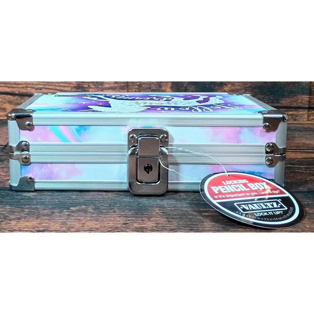 Vaultz Locking Pencil Box Follow Your Dreams Unicorn Purple Blue Silver VZ00179